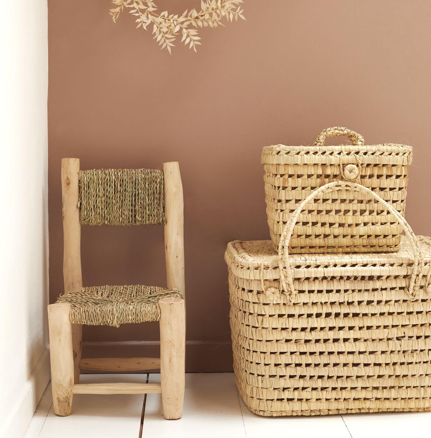 Home Maison Chair, Raw Laurel Wood Doum Palm Fiber, Natural, 45 x 20 x 20 cm