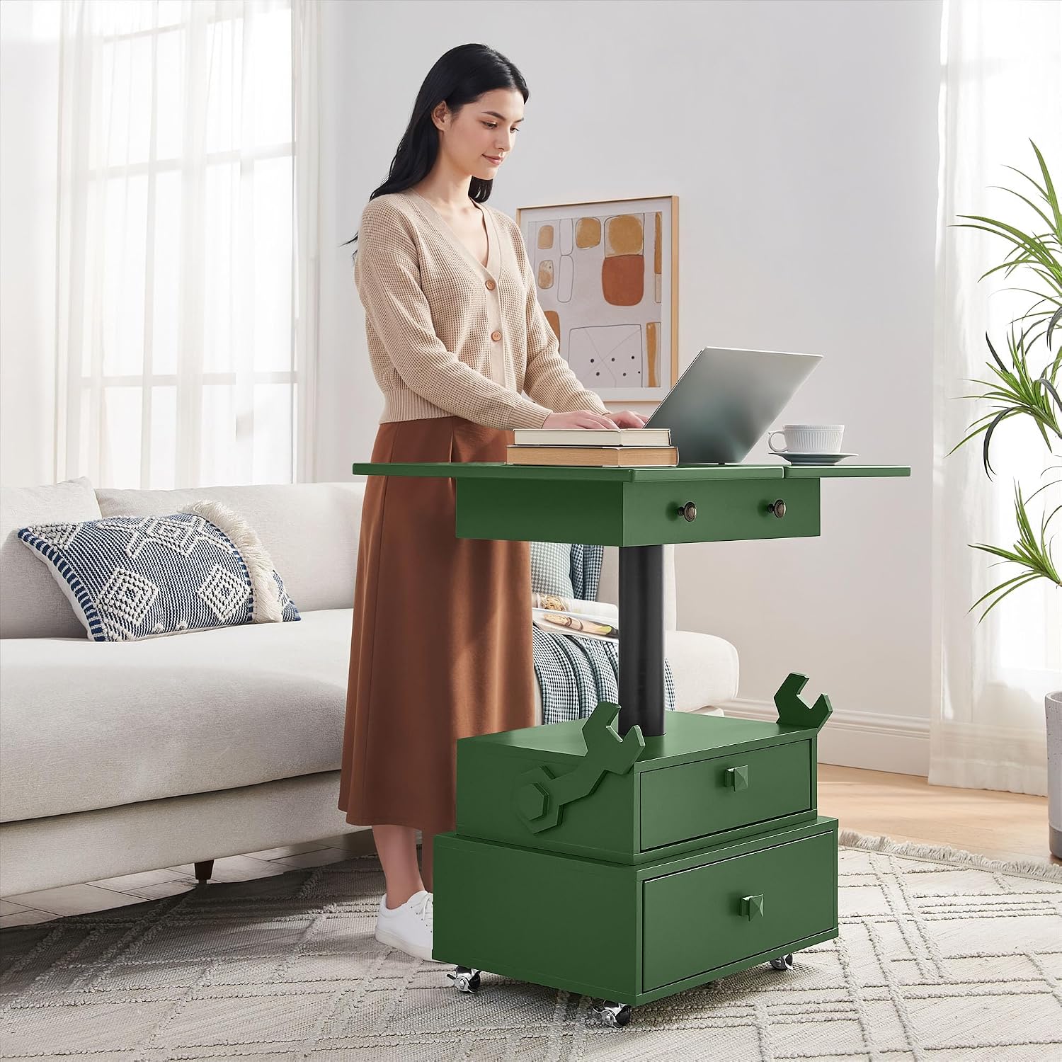 HRVEOCEI Lift Top End Tables with Storage Drawers & Charging Station, Green Side Tables with Wheels for Living Room Bedroom Small Spaces, Adjustable Hight| Flip Design| Easy Move (Green, Wood)
