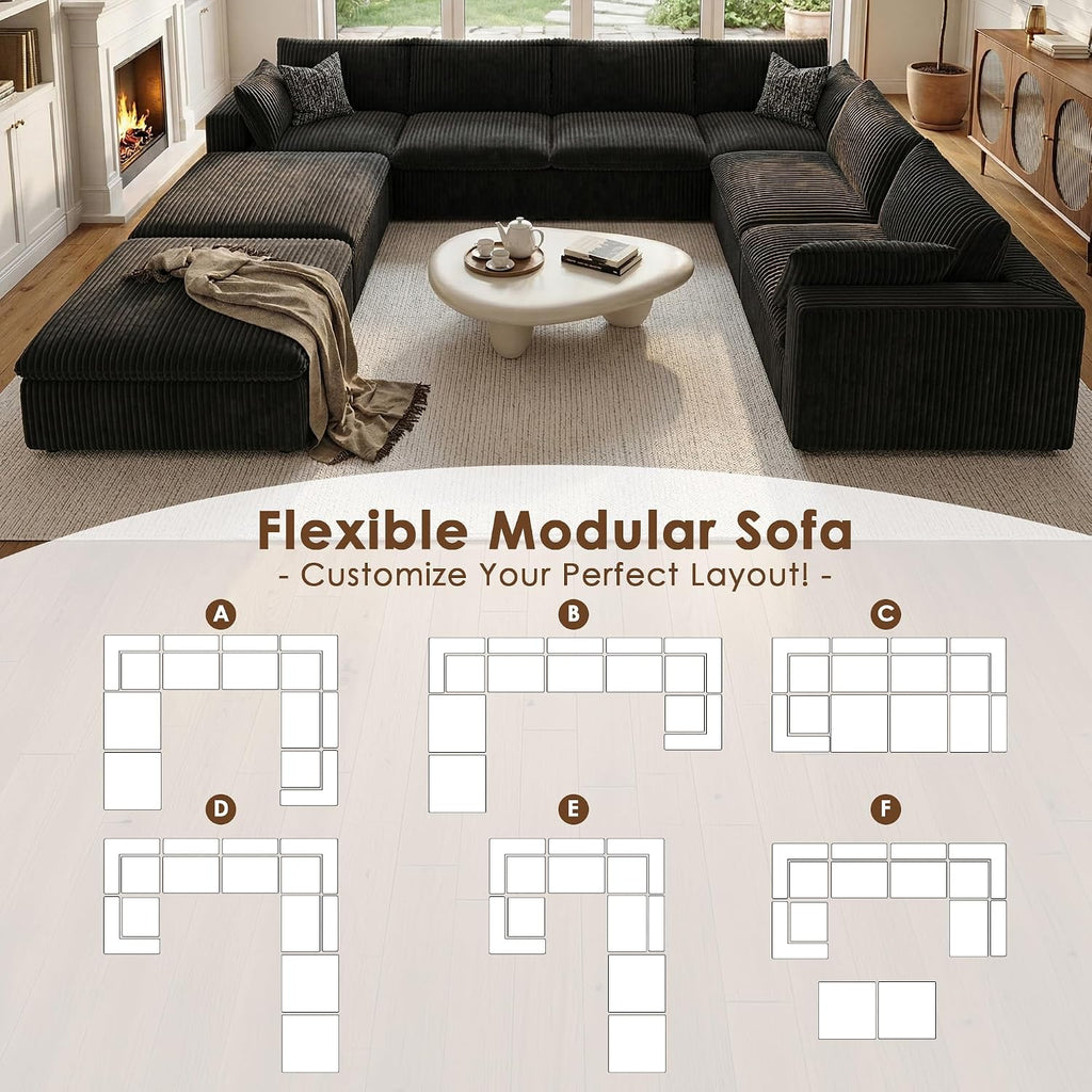 157.6" Cloud Couch Oversized Modular Sectional Sofa, Boneless U-Shaped 8 Seater Deep Seat Couch with Ottoman, Soft Corduroy Upholstery, DIY Combination for Living Room, No Assembly Required, Black