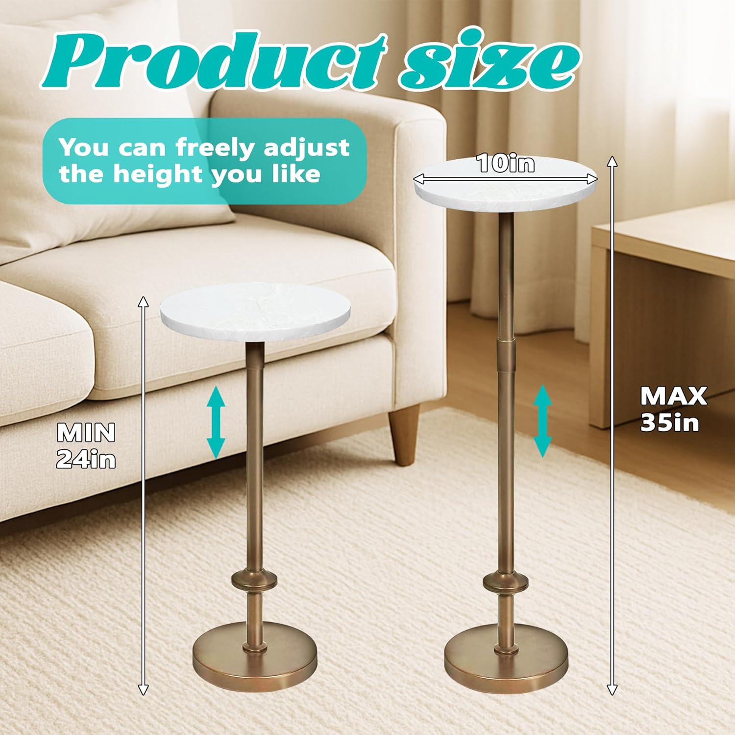 Martini Table Height Adjustable, Drink Tables for Small Spaces, Round Side Table, Tiny Side Tables for Living Room, Bedroom, Cocktail (White)