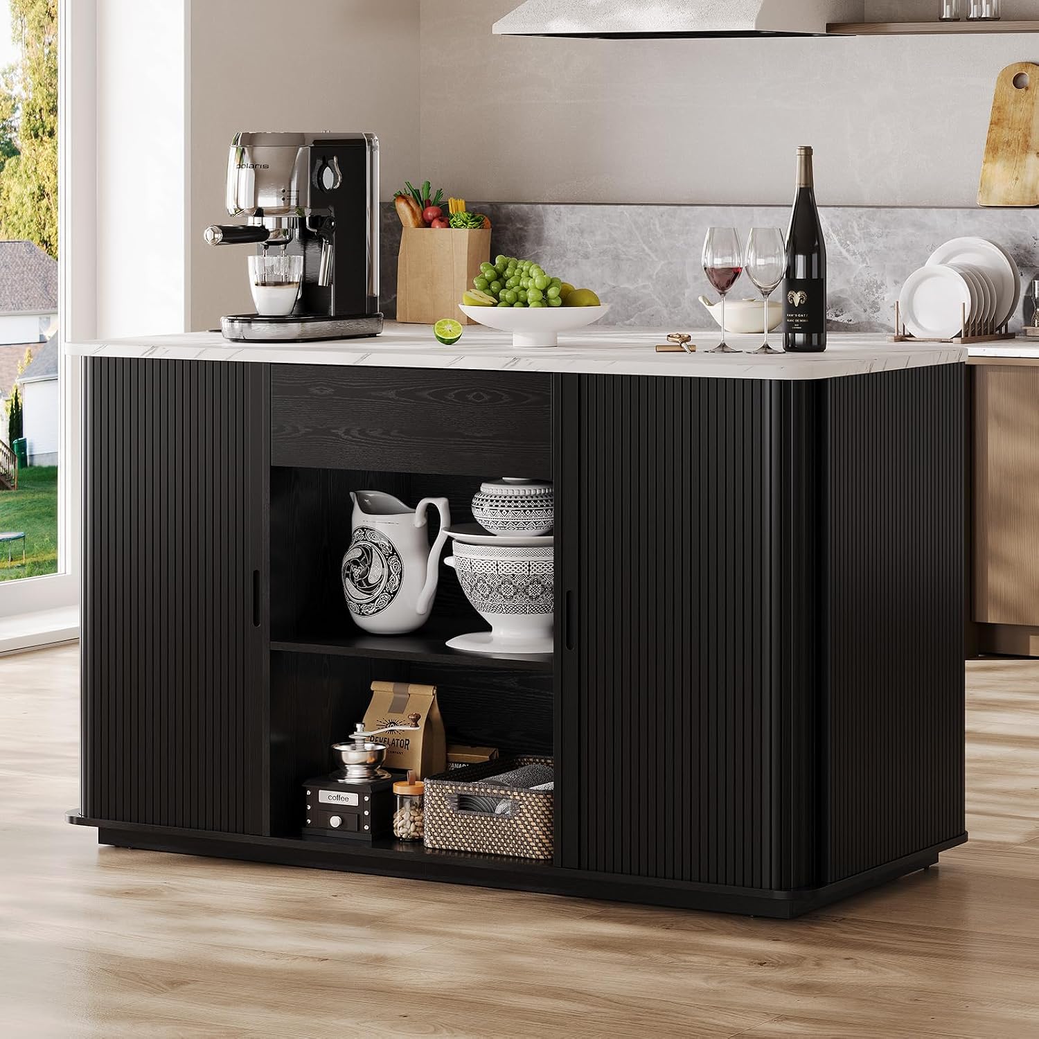 ONBRILL 60" Stationary Kitchen Island with Storage, Fluted Island Table w/Faux Marble Worktop, Sliding Door, Adjustable Shelves, Open Shelves, Mid Century Modern Coffee Bar Station with Drawer, Black