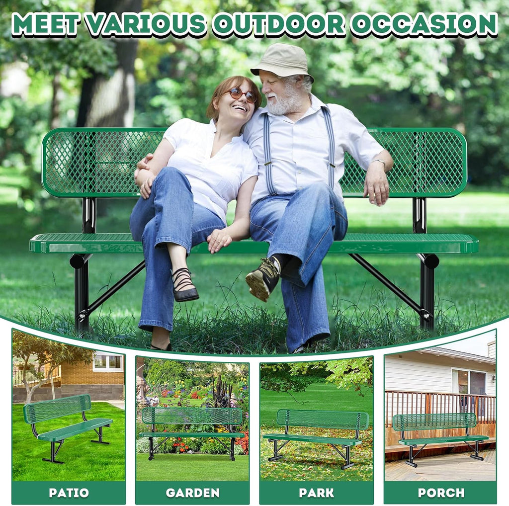 6FT/72INCH Heavy Duty Metal Park Bench for Outside, Outdoor Garden Benches with Backrest & Portable Frame, Expanded Metal Mesh Bench for Shopping Malls, Lawn, Park, Deck, Patio, Porch, Green