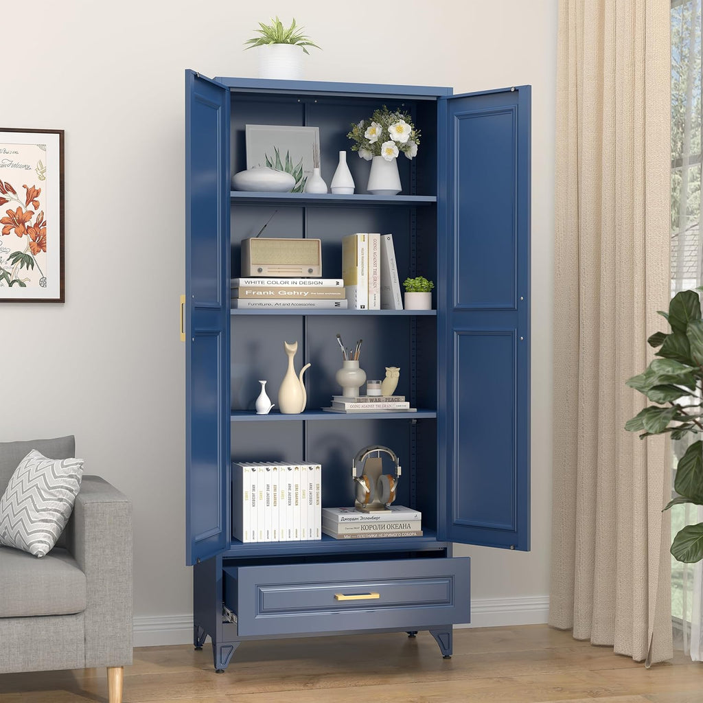 SteeLoong 75" Kitchen Pantry Cabinet with Drawer, Metal Storage Cabinets with Doors and 4 Adjustable Shelves,Blue Kitchen Cabinet with 2 Gold Handles,Food Cupboard for Livingroom,Pantry, Bathroom