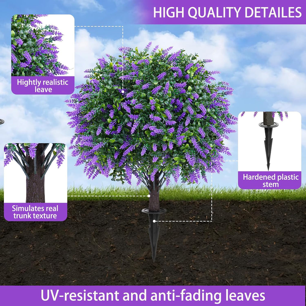 Yangrass Artificial Lavender Topiary Ball Trees with Ground Spike, Set of 2 UV Resistant Artificial Shrubs, Fake Evergreen Artificial Plant Bush for Indoor Outdoor Front Porch Garden