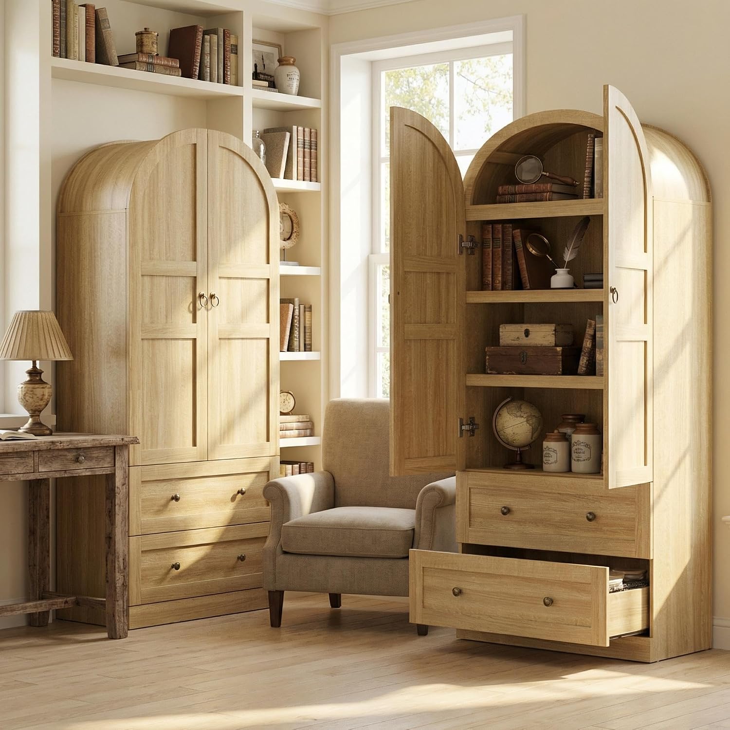 IDEALHOUSE 72" H Arched Kitchen Pantry with 2 Drawers, Farmhouse Wooden Tall Kitchen Storage Cabinet w/ 2 Doors & 3 Shelves, Versatile Freestanding Food Cupboard for Kitchen, Dining Room, Natural
