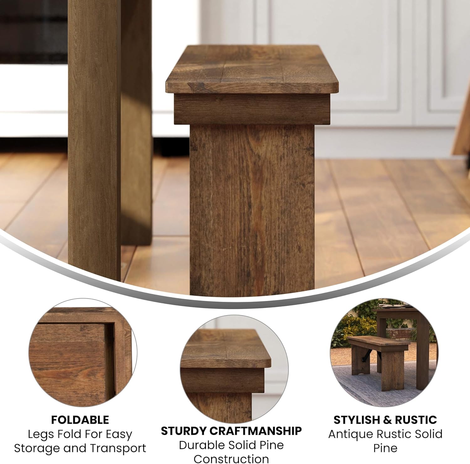 Merrick Lane Tinsley 40" x 12" Antique Rustic Solid Pine Folding Farmhouse Style Bench