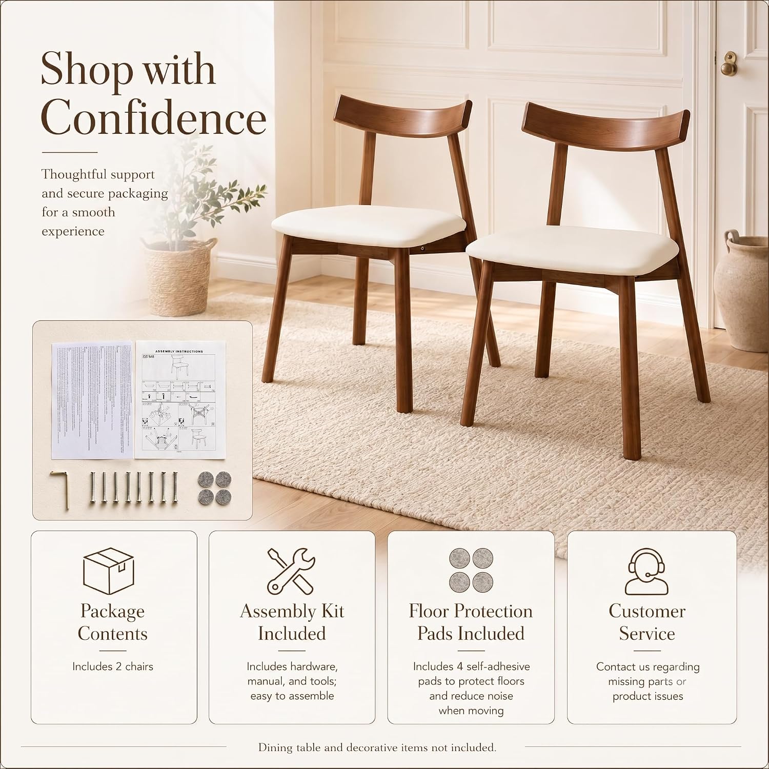 Dining Chairs Set of 2, Walnut Solid Wood Kitchen Chairs with White PU Leather Padded Seat, Curved Backrest, Mid Century Modern Armless Side Chairs for Dining Room, Kitchen, Living Room, Cafe