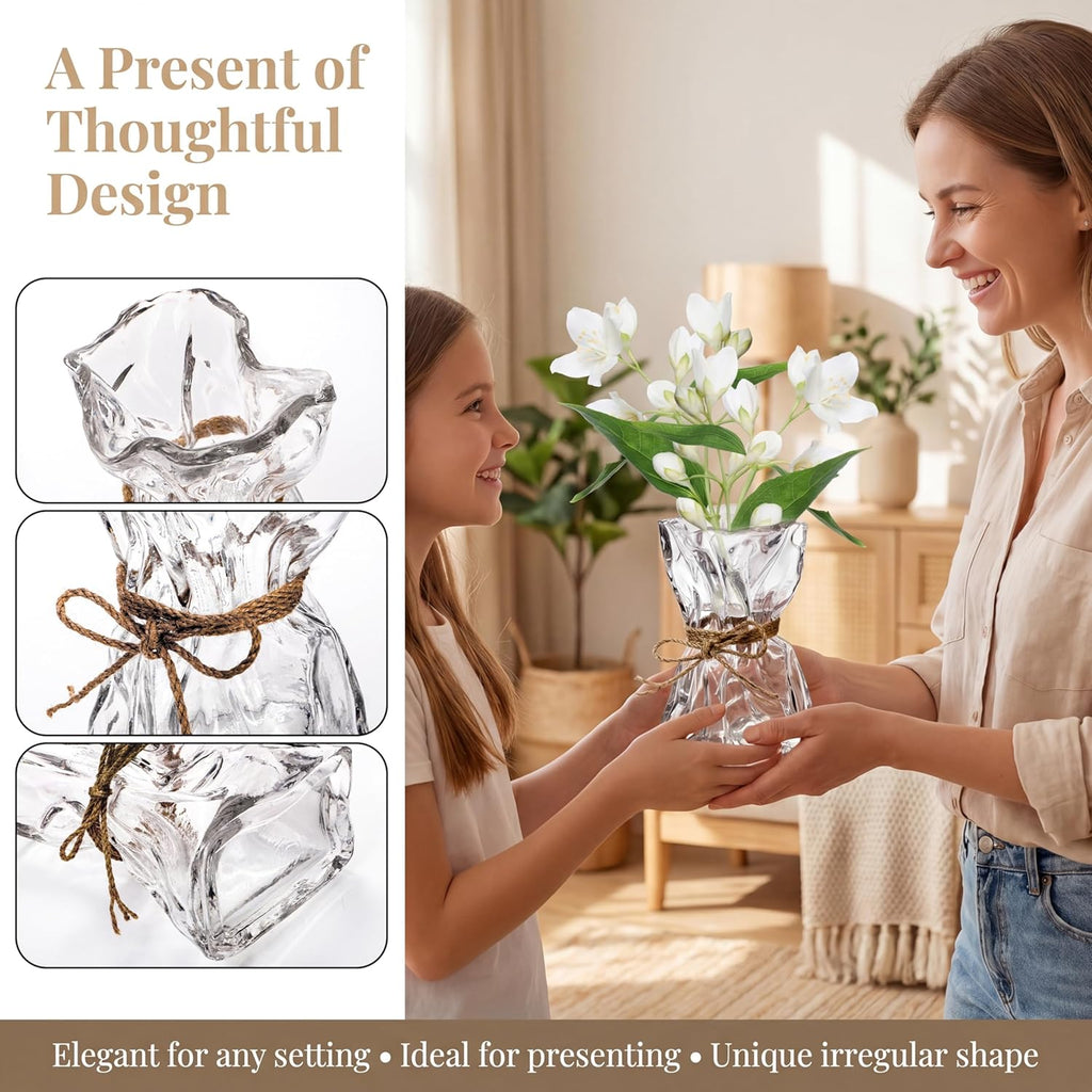 Covzoe Glass Vase, 8.7 Inch Tall Irregular Shaped Flower Vase with Hemp Rope, Clear Art Decorative Vases for Table Centerpiece, Modern Bouquet Vases for Home Office Wedding Housewarming Gift
