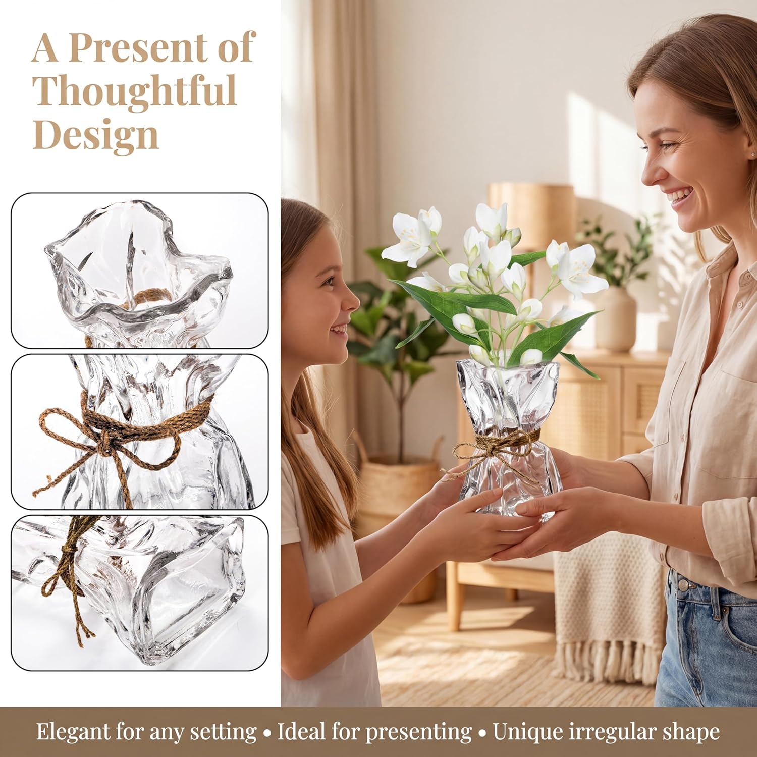 Covzoe Glass Vase, 8.7 Inch Tall Irregular Shaped Flower Vase with Hemp Rope, Clear Art Decorative Vases for Table Centerpiece, Modern Bouquet Vases for Home Office Wedding Housewarming Gift