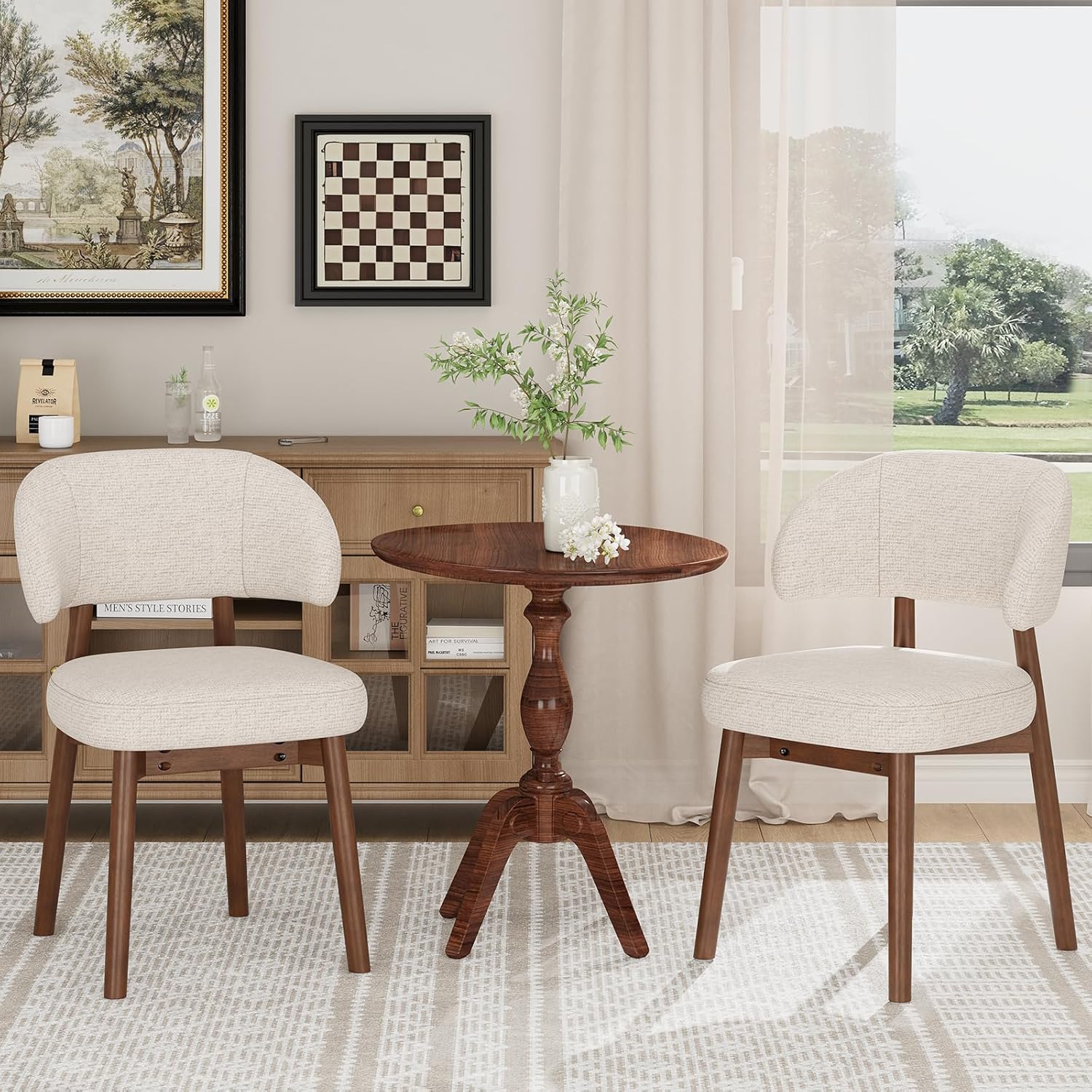 MALOL Wooden Dining Chairs Set of 6, Modern Upholstered Dining Room Chair, Fabric Kitchen Side Chairs with Curved Open Back for Living Room/Restaurant/Cafe, Beige
