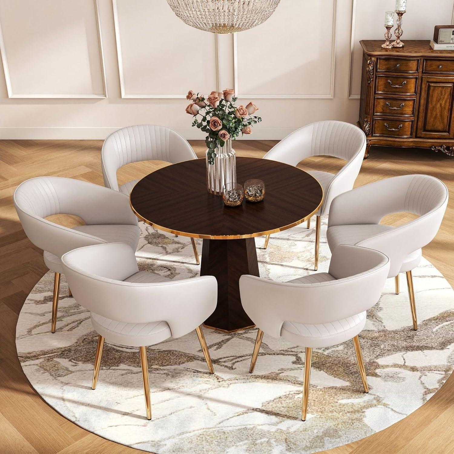 Hyfirm Leather Dining Chairs Set of 6, Modern Cream Gold Kitchen Chairs with Hollow Back, Upholstered Accent Side Chairs for Living Room/Reception/Restaurant