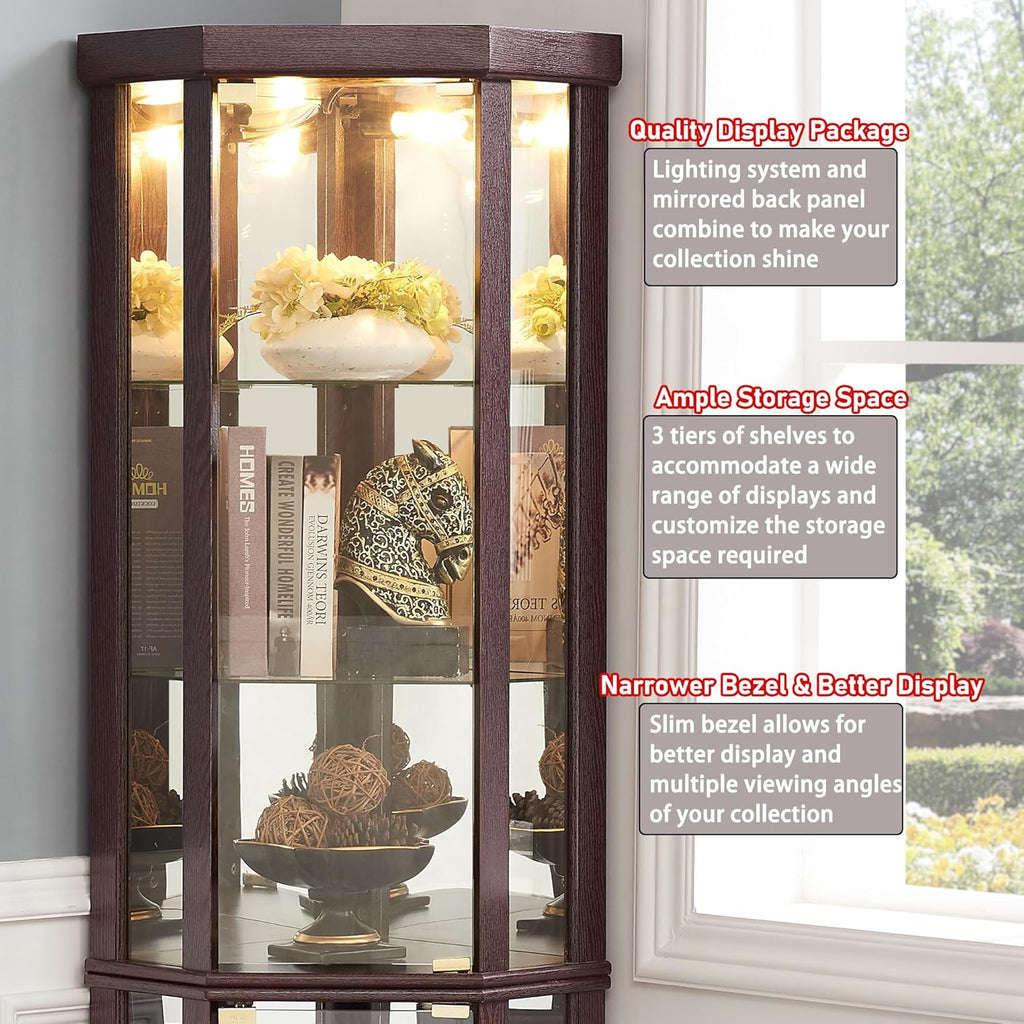 69" H Lighted Corner Display Cabinet, Curio Corner Glass Cabinet w/Adjustable Shelves & Glass Door, 5-Tier Wooden Storage Display Case w/Mirrored Back Pane for Living Room