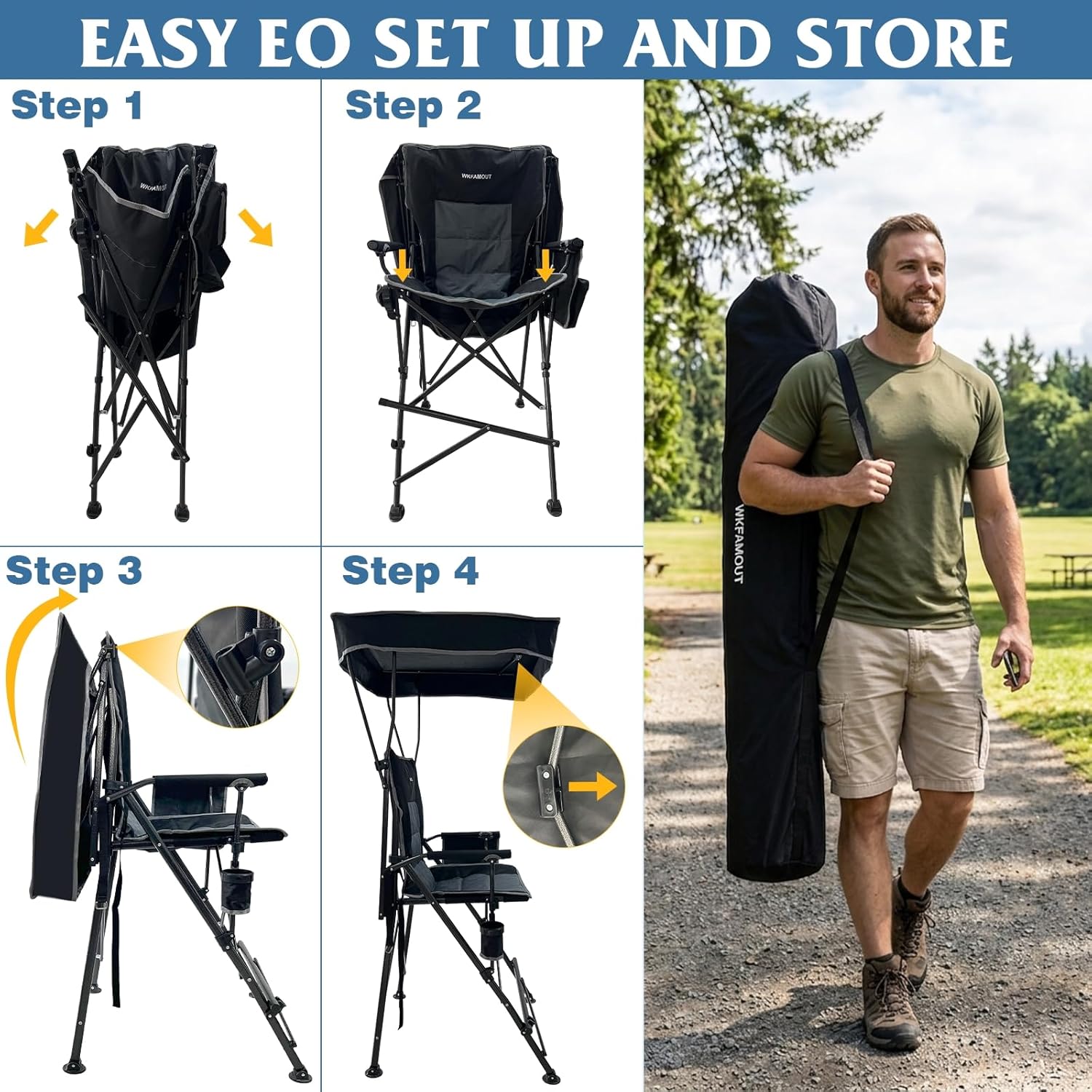 27" Tall Folding Director Chair Oversized with Canopy Shade for Adults Heavy Duty Camping Chair Portable with Footrest & Carry Bag Supports 300 lbs