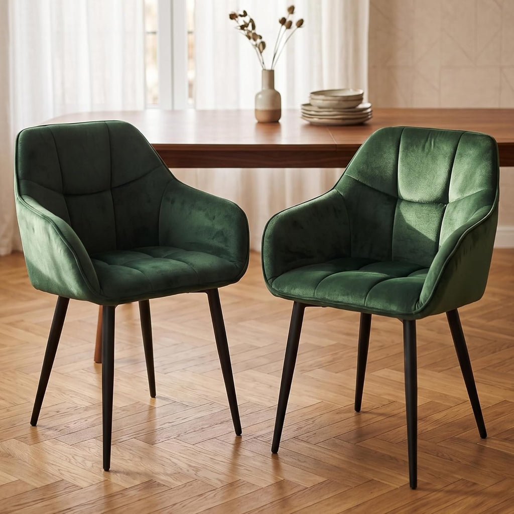 Modern Green Velvet Dining Chairs, Upholstered Tufted Side Chairs with Arms Set of 2, Black Metal Legs, Accent Arm Chairs for Kitchen, Dining Room, Living Room (Green)