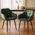 Modern Green Velvet Dining Chairs, Upholstered Tufted Side Chairs with Arms Set of 2, Black Metal Legs, Accent Arm Chairs for Kitchen, Dining Room, Living Room (Green)