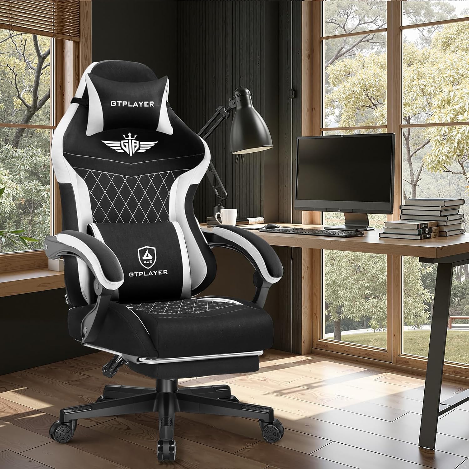 GTPLAYER Gaming Chair with Footrest, Big and Tall Game Chair High Back Computer Office Chair with Lumbar Support for Adults, Ergonomic Swivel Games Chair with Cushion Gaming, Fabric Black