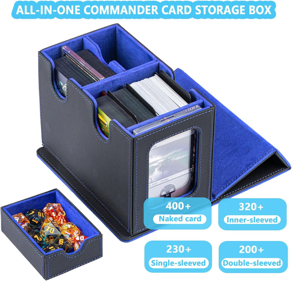 WELLMILLER MTG Deck Box for Commander with Dice Tray,Designed for MTG Commander Card Deck Box Fits 200+ Double Sleeved Cards,Card Storage Box with 3 Dividers 2 card holder