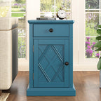 Polibi End Table with USB Ports and Storage, Bedside Table with Artistic Door Design,Drawer and Shelf, Accent Furniture for Small Spaces, Office, Living Room, Navy Blue