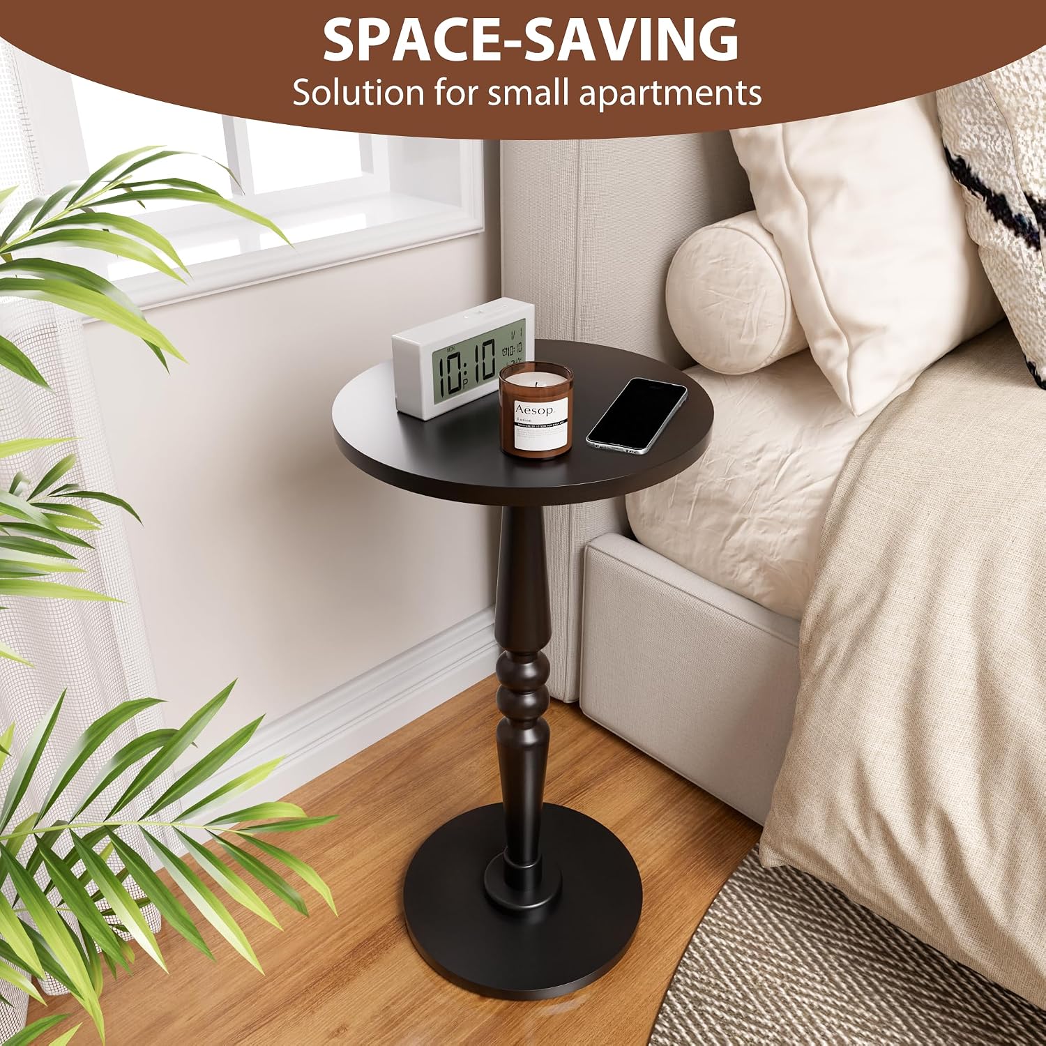 Small Wood Round Side Table - Accent Nightstand Pedestal Table for Living Room, Bedroom - Compact Coffee Table, Tea Table, Drink Table, End Table for Small Spaces, Corners, Office