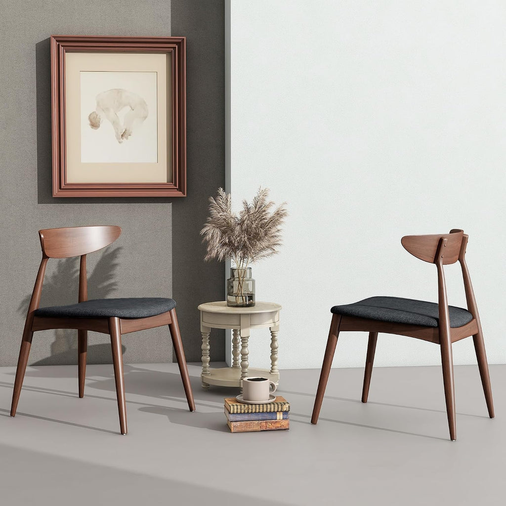 Solid Rubberwood Dining Chairs Set of 4, Mid-Century Modern Chair with Ergonomic Curved Backrest, Walnut Frame and Black Polyurethane Foam Padded Seat