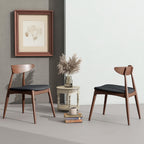 Solid Rubberwood Dining Chairs Set of 4, Mid-Century Modern Chair with Ergonomic Curved Backrest, Walnut Frame and Black Polyurethane Foam Padded Seat