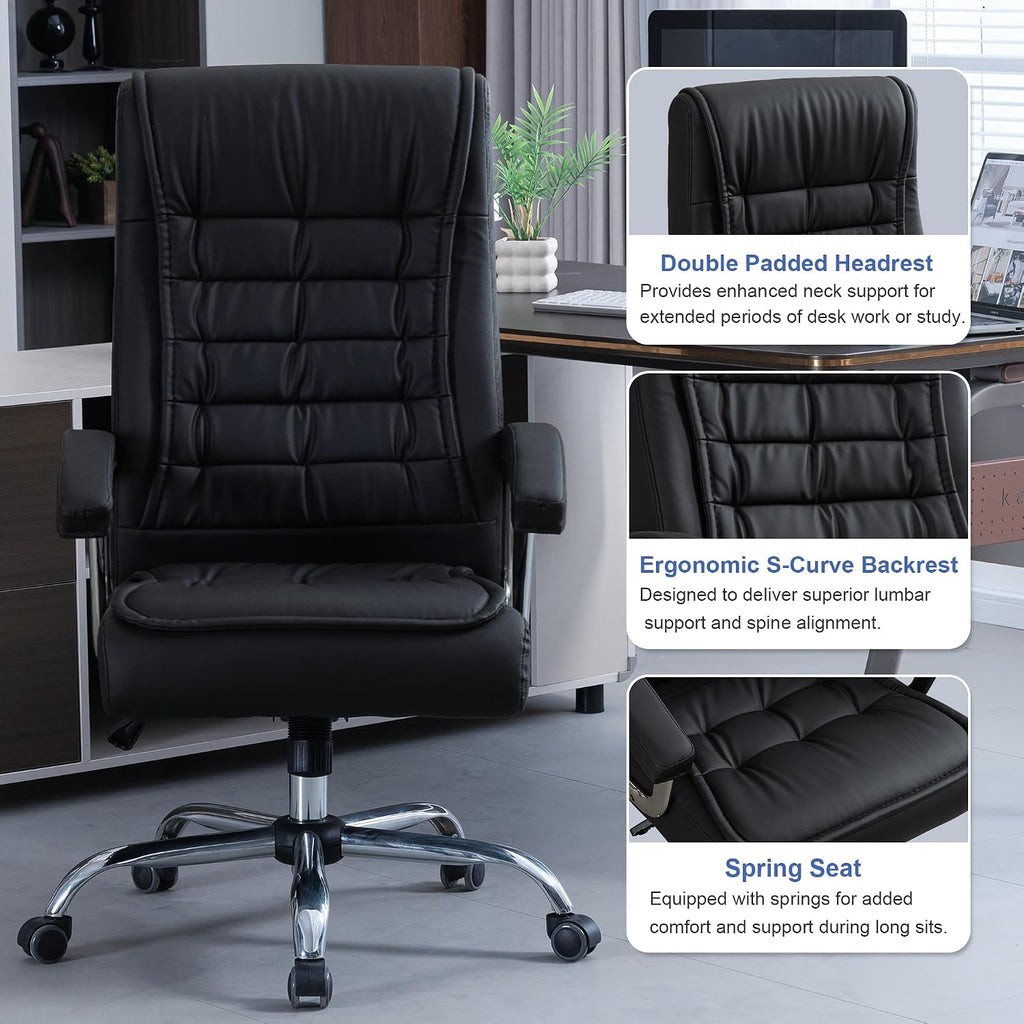 Executive Office Chair Adjustable Leather Chair, High Back Swivel Office Desk Chair with Padded, Armrest 350lbs Load-Bearing Spring Seat Computer Desk Chair for Home Office, Black
