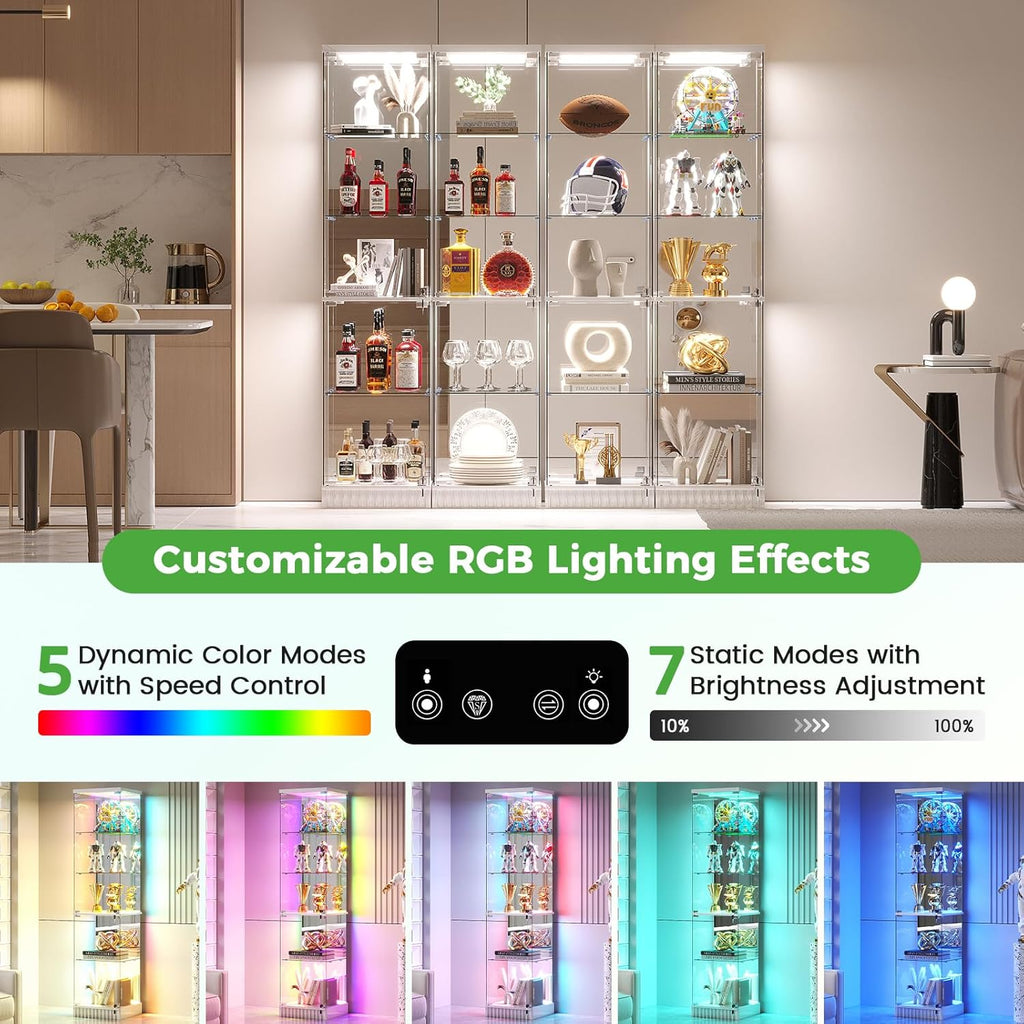 HNEBC Glass Display Cabinet, LED Display Case with RGB Lighting, Lockable Curio Cabinet with Explosion-Proof Glass Doors for Collectibles,5-Tier China Cabint with Motion Sensor Light-White