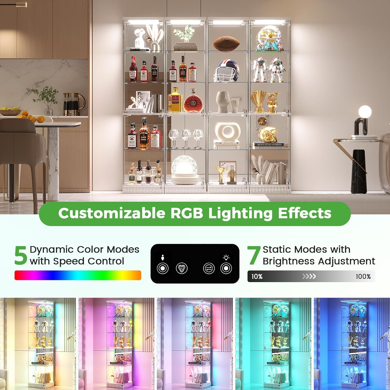 HNEBC Glass Display Case Set and TV Stand for LIvingroom, 5-Tier Curio Cabinet with RGB Lights for Collection, China Cabinet with Glass Doors, Entertainment Center with 2AC Outlet -3PCS White