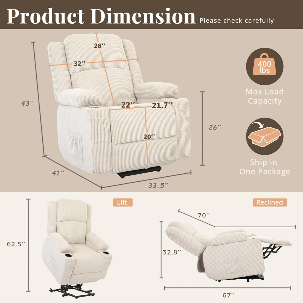 Heavy Duty Power Lift Recliner Chair for Elderly, 400lbs Capacity Massage and Heat Recliner, Soft Corduroy 160° Reclining Electric Stand Up Chair, USB & Type-C, Memory Foam, Cup Holders