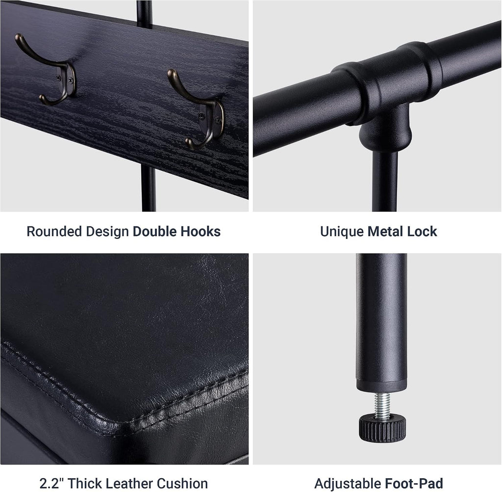 Allewie Coat Rack Shoe Bench, 75" Freestanding Hall Tree, Entryway Bench with Storage Shelves, Upholstered Sponge-Padded Seat, Organized with 5 Hooks, Industrial Furniture, Easy Assembly, Black