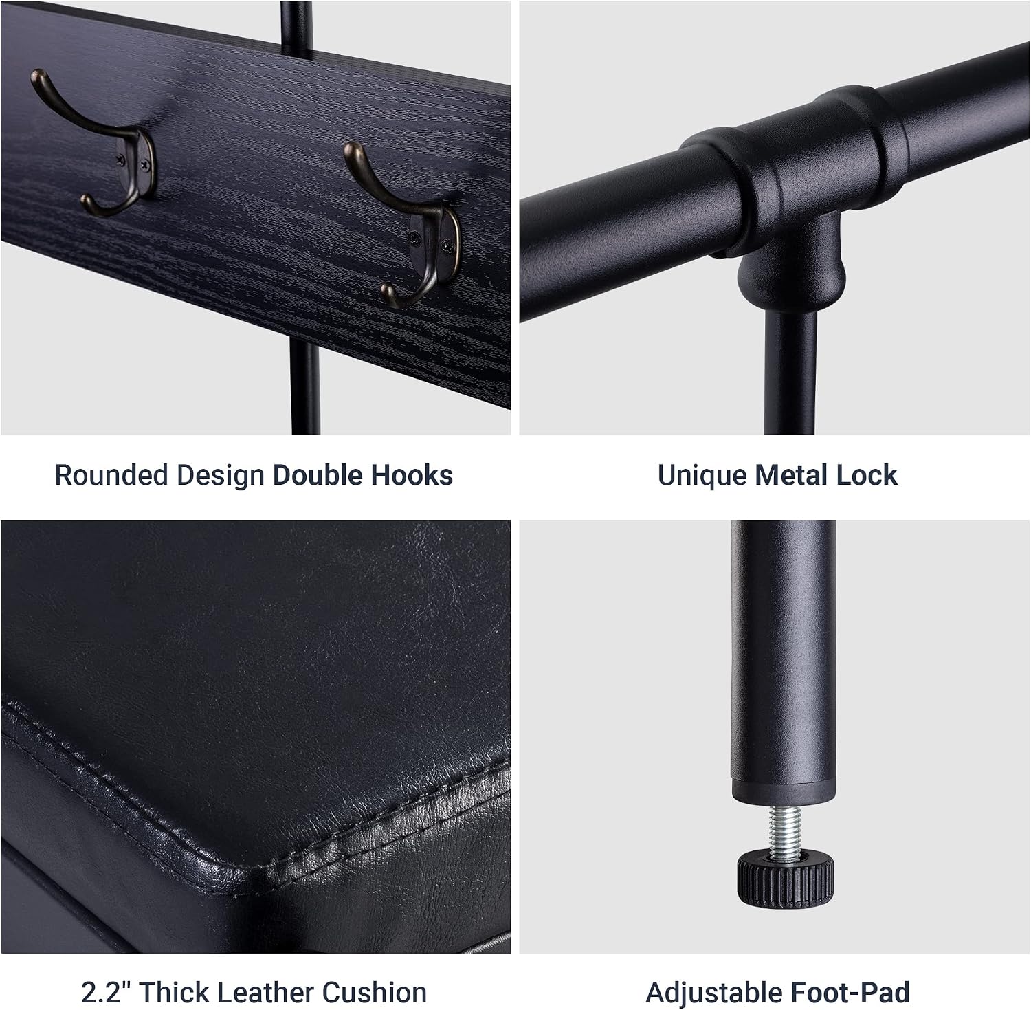 Allewie Coat Rack Shoe Bench, 75" Freestanding Hall Tree, Entryway Bench with Storage Shelves, Upholstered Sponge-Padded Seat, Organized with 5 Hooks, Industrial Furniture, Easy Assembly, Black