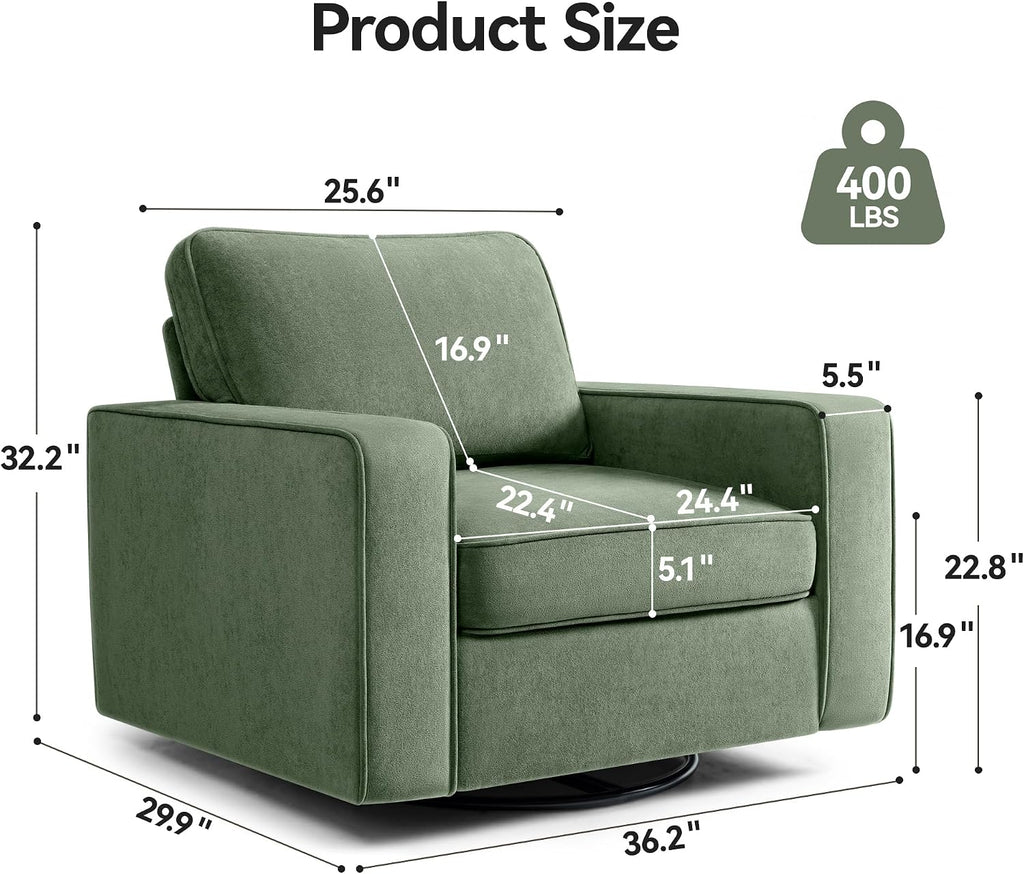 36.2" Wide Swivel Accent Chair - 360° Rotation Upholstered Modern Design Comfortable Cushioned Seating, Pillowback Glider Rocking Chair for Living Room, Bedroom, Nursery and Reading Nook, Olive Green