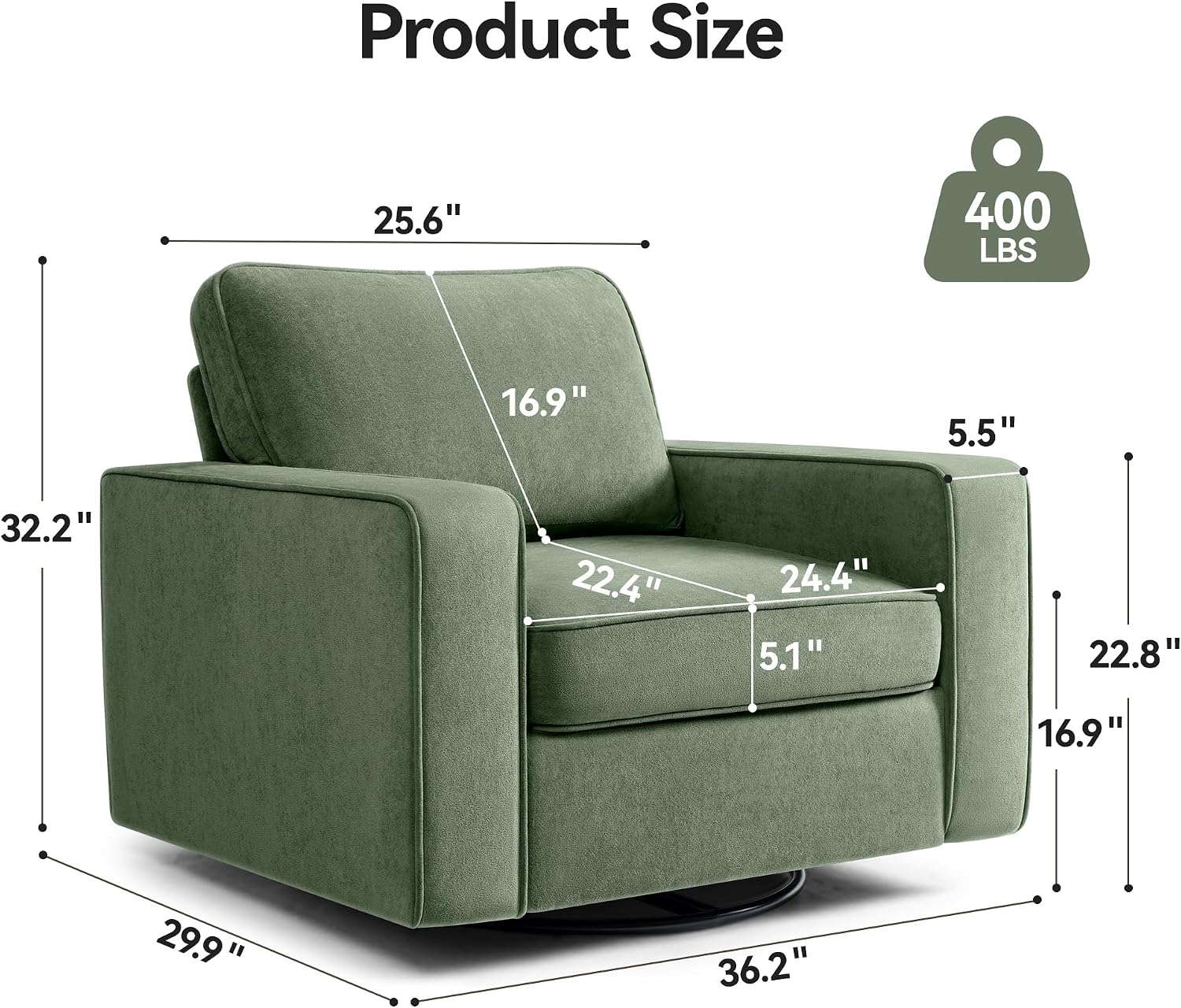 36.2" Wide Swivel Accent Chair - 360° Rotation Upholstered Modern Design Comfortable Cushioned Seating, Pillowback Glider Rocking Chair for Living Room, Bedroom, Nursery and Reading Nook, Olive Green