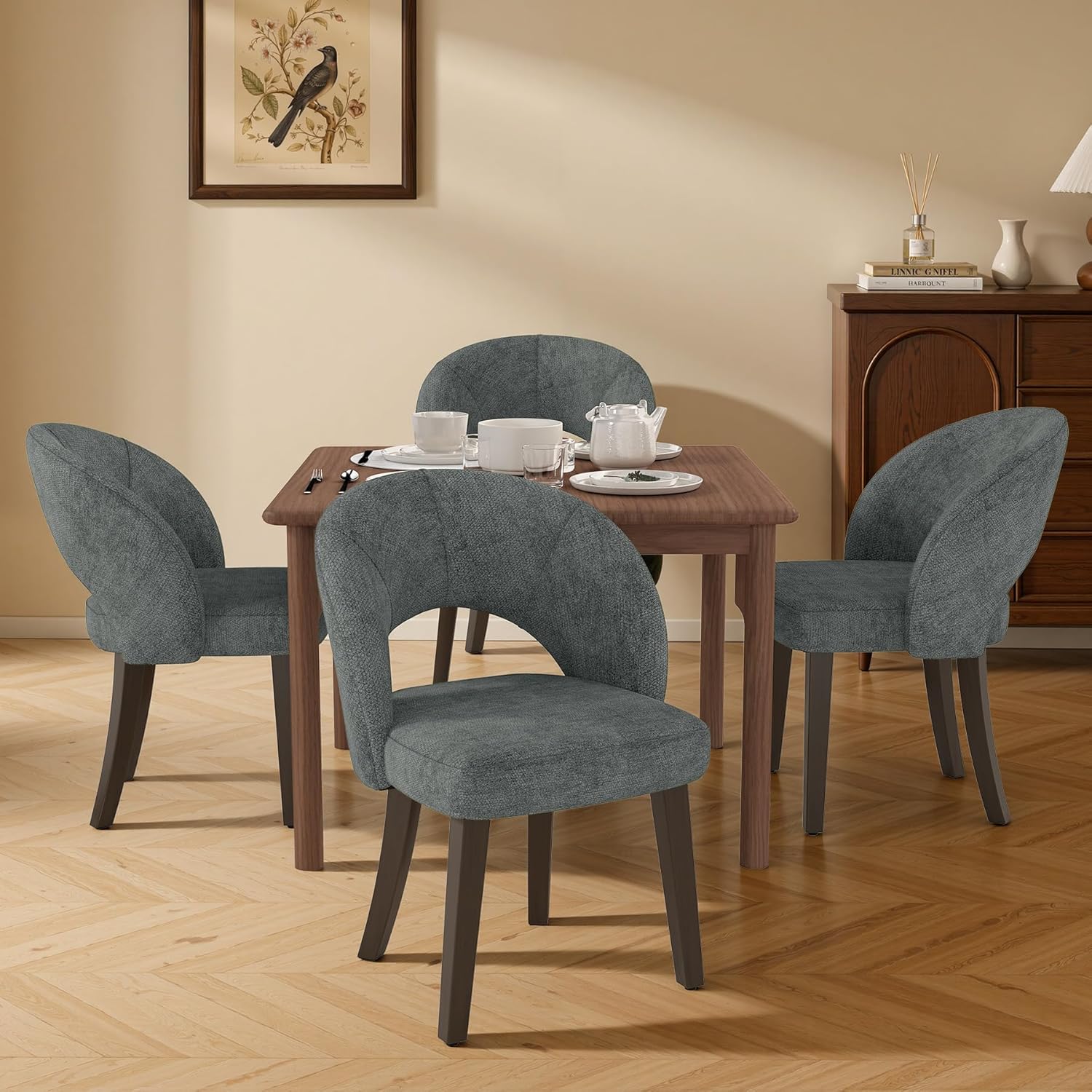 Dining Chairs Set of 2, Mid Century Modern Dining Chairs with Solid Wood Legs, Curved Back Kitchen Chair Farmhouse Side Upholstered Chairs for Kitchen Dining Room, Gray