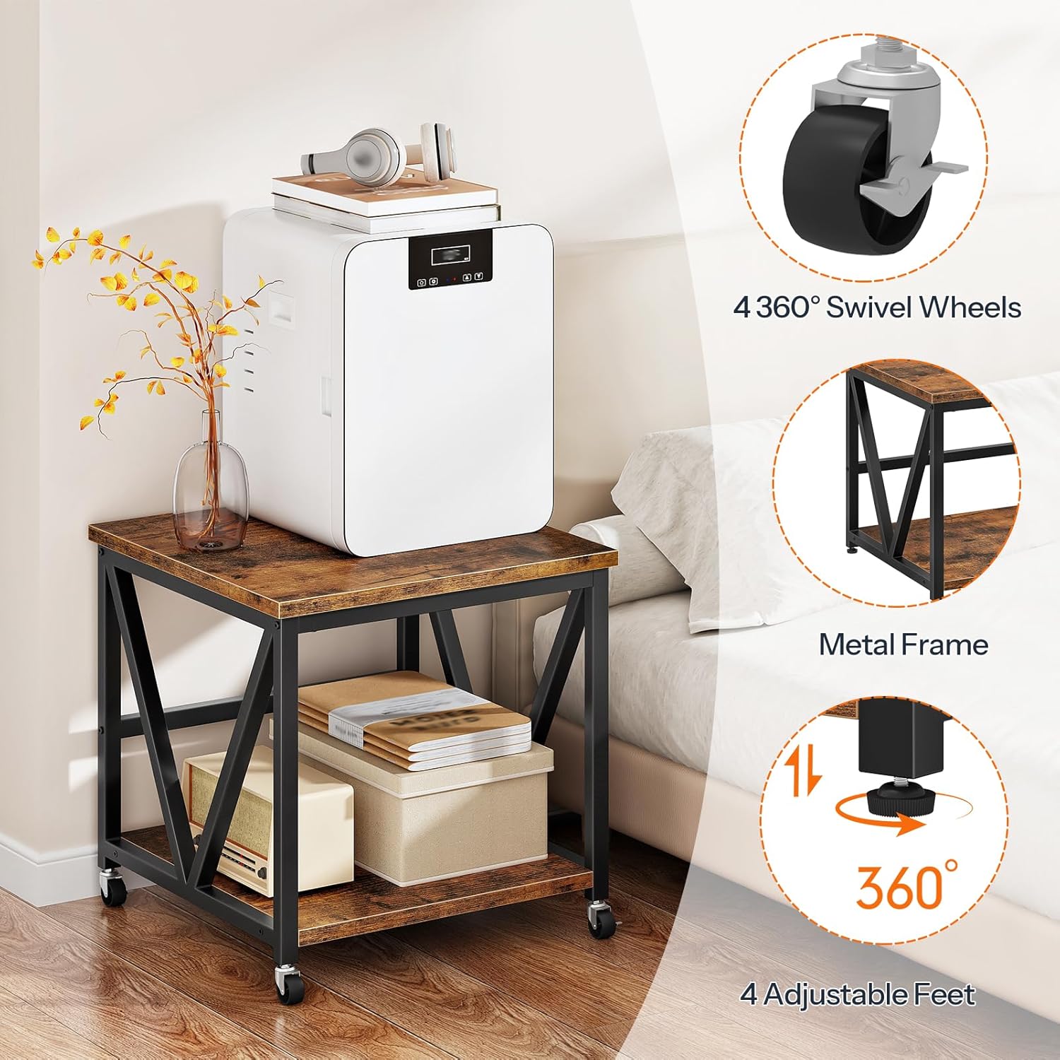 HOOBRO Mini Fridge Stand with 2-Tier Storage Shelf, 19.7” Square End Table, Mini Fridge Table with Wheels and Adjustable Feet, Sturdy Metal Frame for Living Room, Bedroom, Rustic Brown BF01BX01