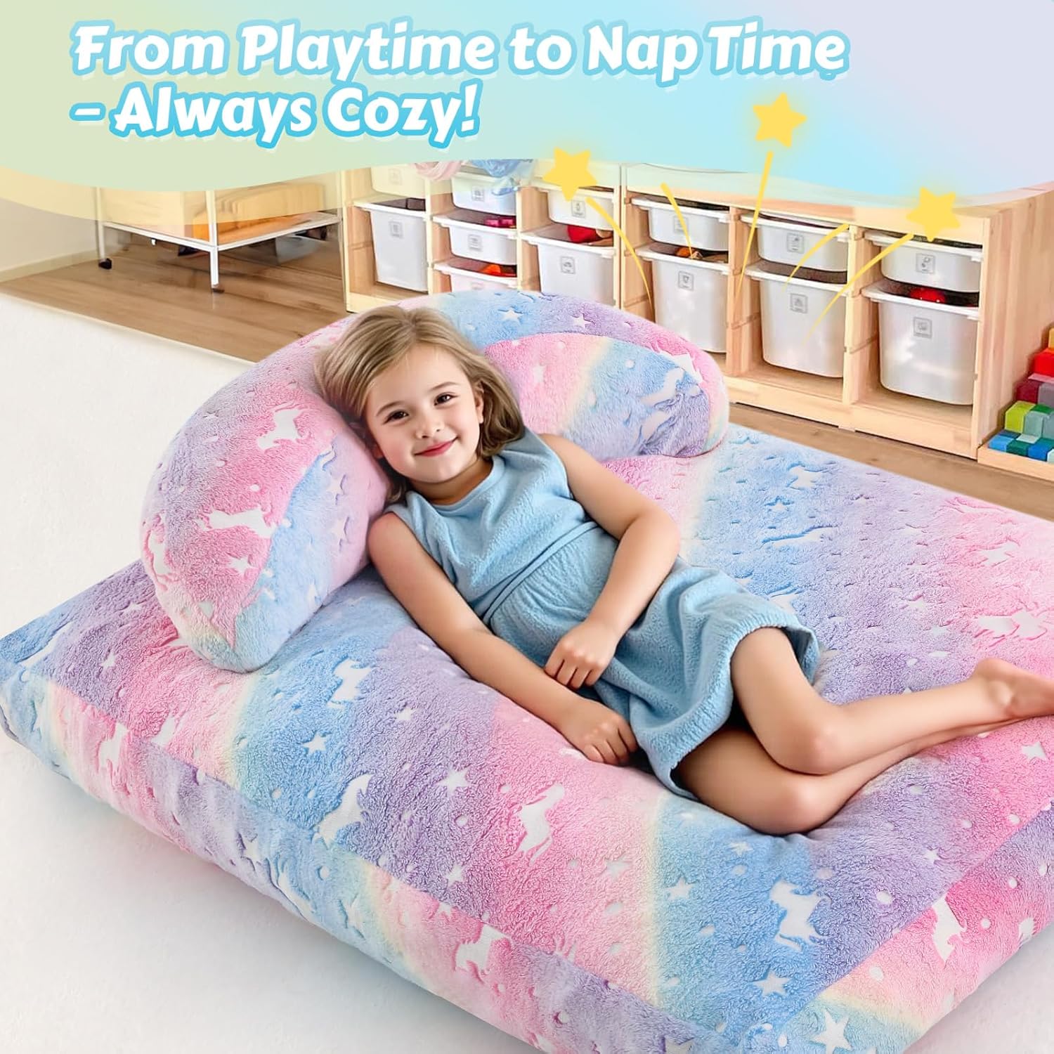 COMAX Bean Bag Chair for Kids, Unicorn Convertible Toddler Beanbag Bed, Children Bean Chair Stuffed to Floor Mattress with Filler, Colorful Rainbow