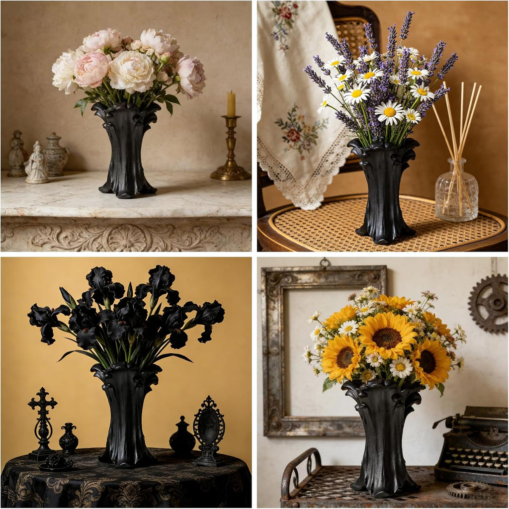 Vintage Gothic Ceramic Vase, 8.74×6.46×5.63inches, Matte Black Flower Vase for Red & Black Roses,Dark Academia Witchy Aesthetic Vase for Bedroom Living Room Dining Table