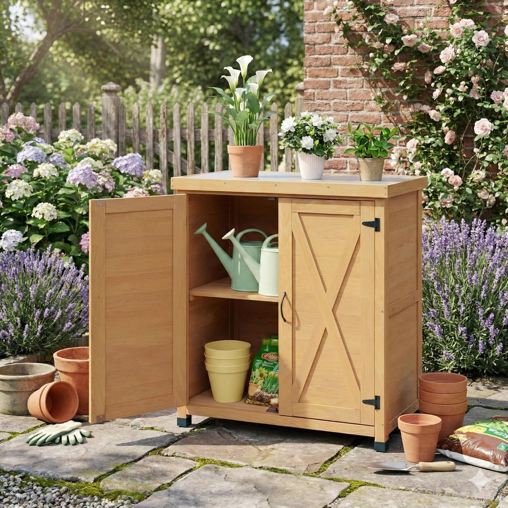 31" Sturdy Living Room Cabinet, Practical Cabinets with Weatherproof Wood, Storage Locker with Magnetic Door for Outdoor Patio, Light Brown