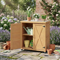 31" Weatherproof Small Storage Cabinet, Storage Cabinets with Sturdy X-Shape Design, Tool Cabinet with Magnetic Door for Patio and Garage, Light Brown