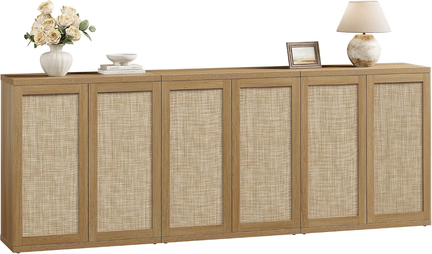 SICOTAS Rattan Sideboard Buffet Storage Cabinet - Farmhouse Boho Coffee Bar Cabinet with Adjustable Shelves, Large Console Table Credenza Stand for Living Room, Dining Room, Entryway, Oak (3 PCS)