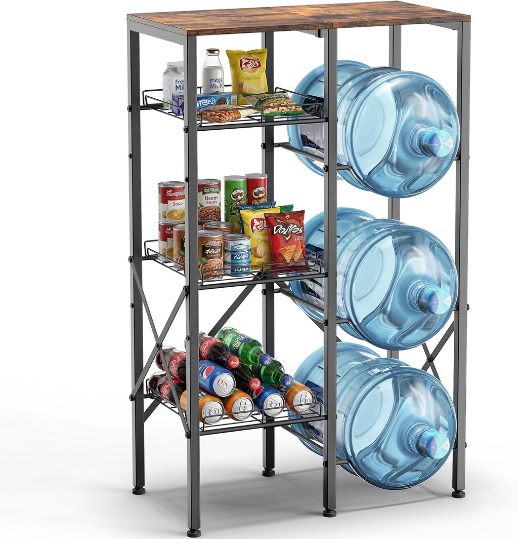 5 Gallon Water Jug Holder - Water Stand for 5 Gallon Bottle with Wire Storage Basket - 4 Tier Heavy Duty Water Jug Storage Rack for Home Kitchen Living Room Office