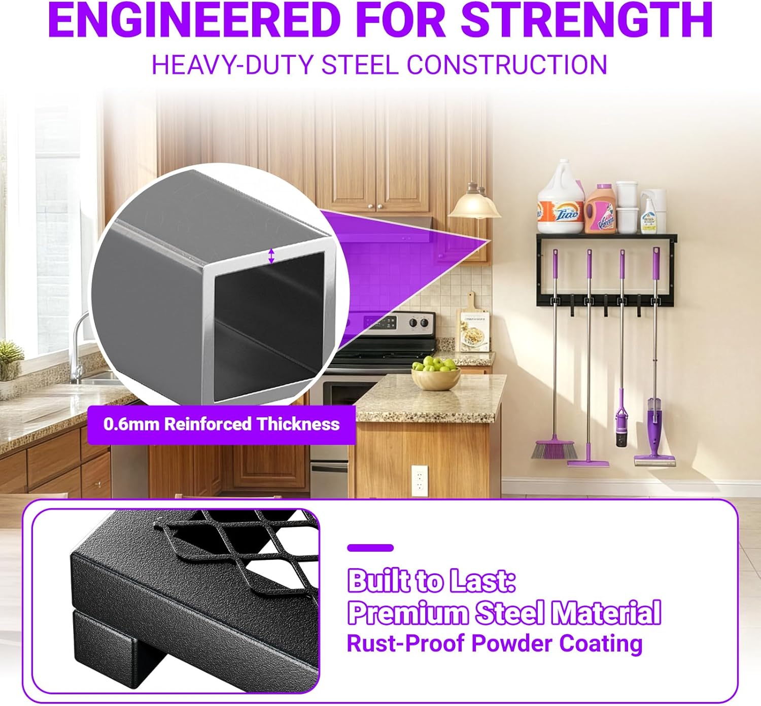 Heavy Duty Broom Holder Wall Mount with Cleaning Supplies Organizer, Space-Saving Laundry Room Organization and Storage Shelves, All-Metal Mop Hanger Broom Rack with Hooks, Garage Organizer Shelf