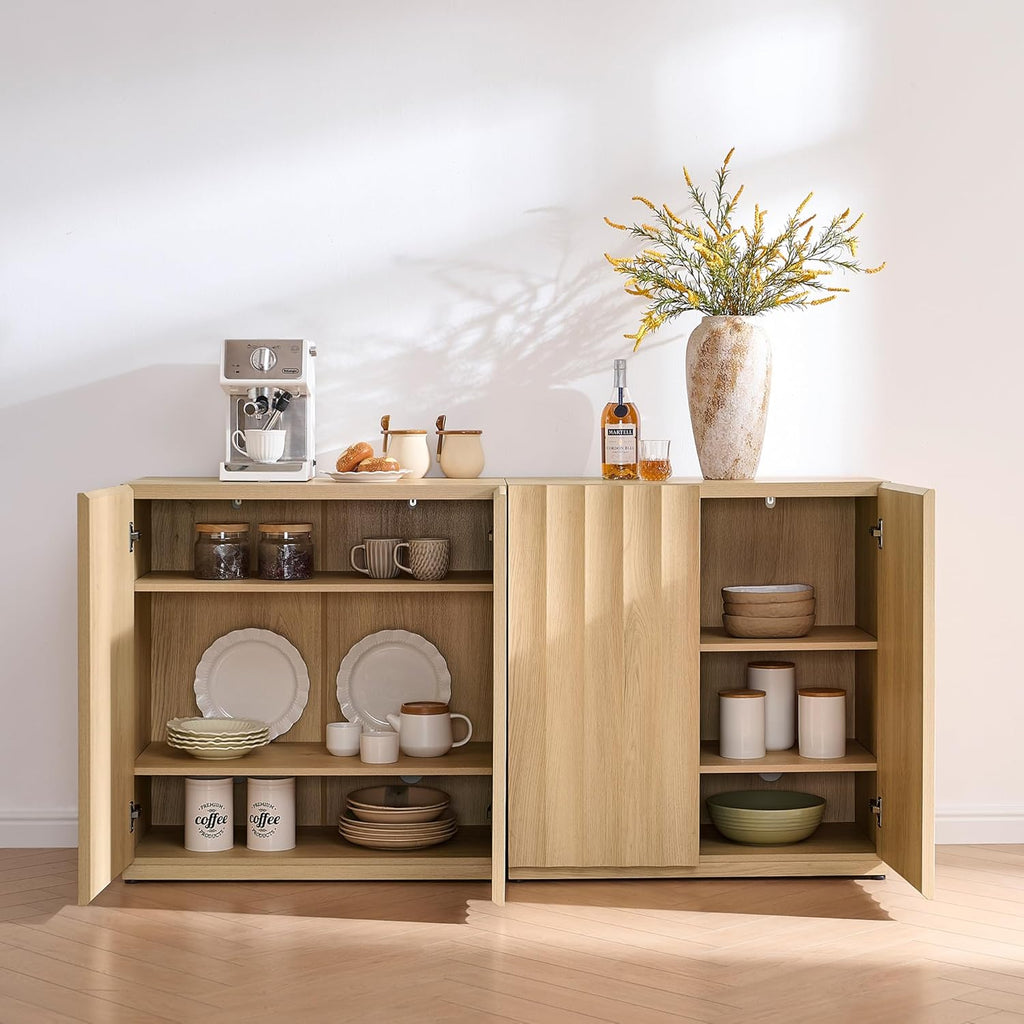 VividVibe Wide Fluted Sideboard Buffet Cabinet with Storage, 94.11" Long Credenza with 6 Integrated Finger Pulls Doors, Modular Large Buffet Table Modern Organic for Entryway Living Room Light Oak