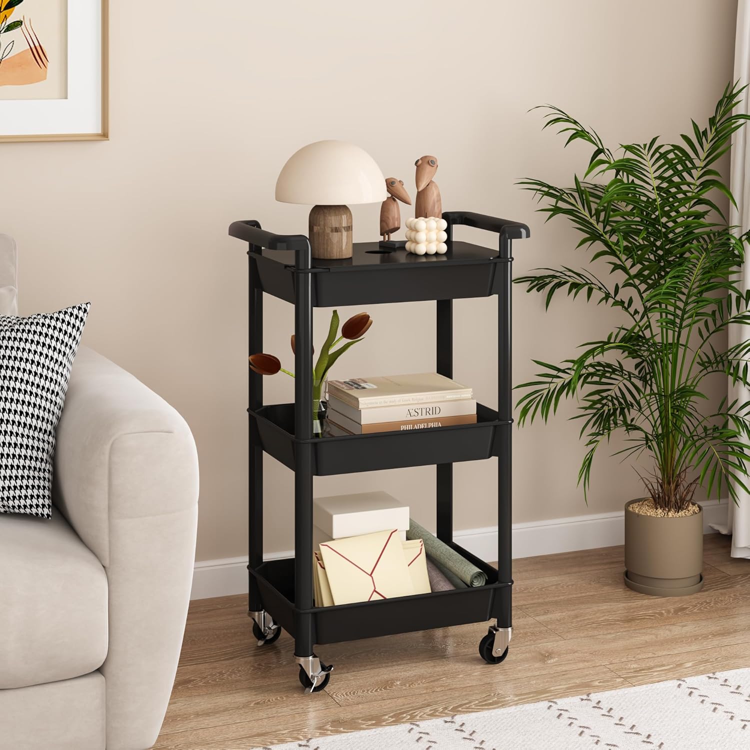 MIOCASA 3-Tier Utility Rolling Cart with Cover Top Board, Kitchen Storage Organization Cart with Wheels for Office, Classroom, Living Room, Kitchen, Bathroom, Black, Plastic