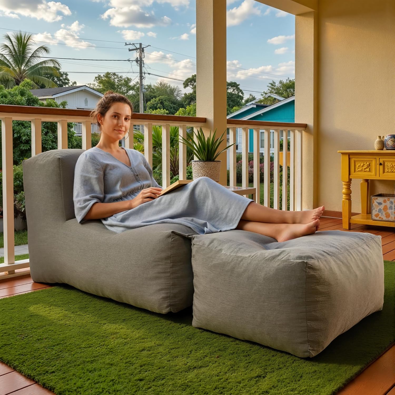Outdoor Indoor Bean Bag Chair with Ottoman, 2-in-1 Lounge Beanbag with Filling, Water-Repellent Polyester Patio Sofa, Full-Body Ergonomic Support Floor Seating, Dark Gray