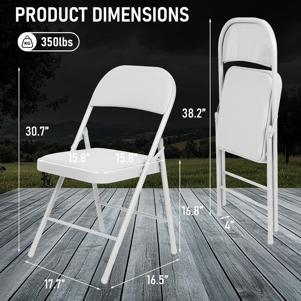 8 Pack Padded Folding Chairs, Heavy Duty Metal Frame with PU Leather Seat & Back, 350 lbs Capacity Portable Stackable Indoor Outdoor Chairs for Party Wedding Office(White, 8 Pack)