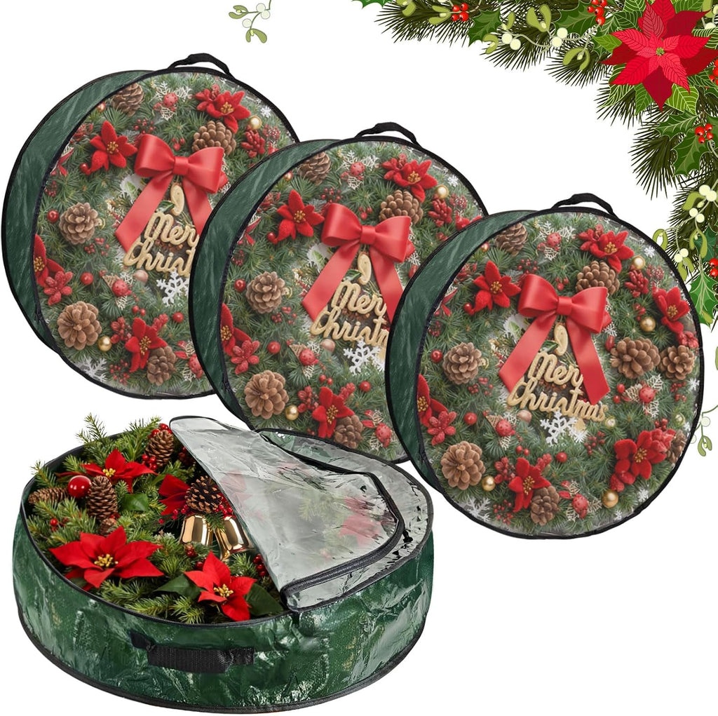 4 Pack 30x8Inch Christmas Wreath Storage Container, Large Clear Holiday Garland Storage Bags with Handle(Green)