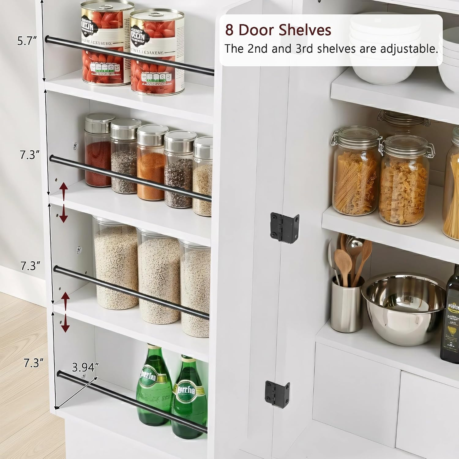 Arched Kitchen Storage | Adjustable Shelves，White-C | 8 door shelves hidden compartment anti-tip design easy assembly versatile spaces