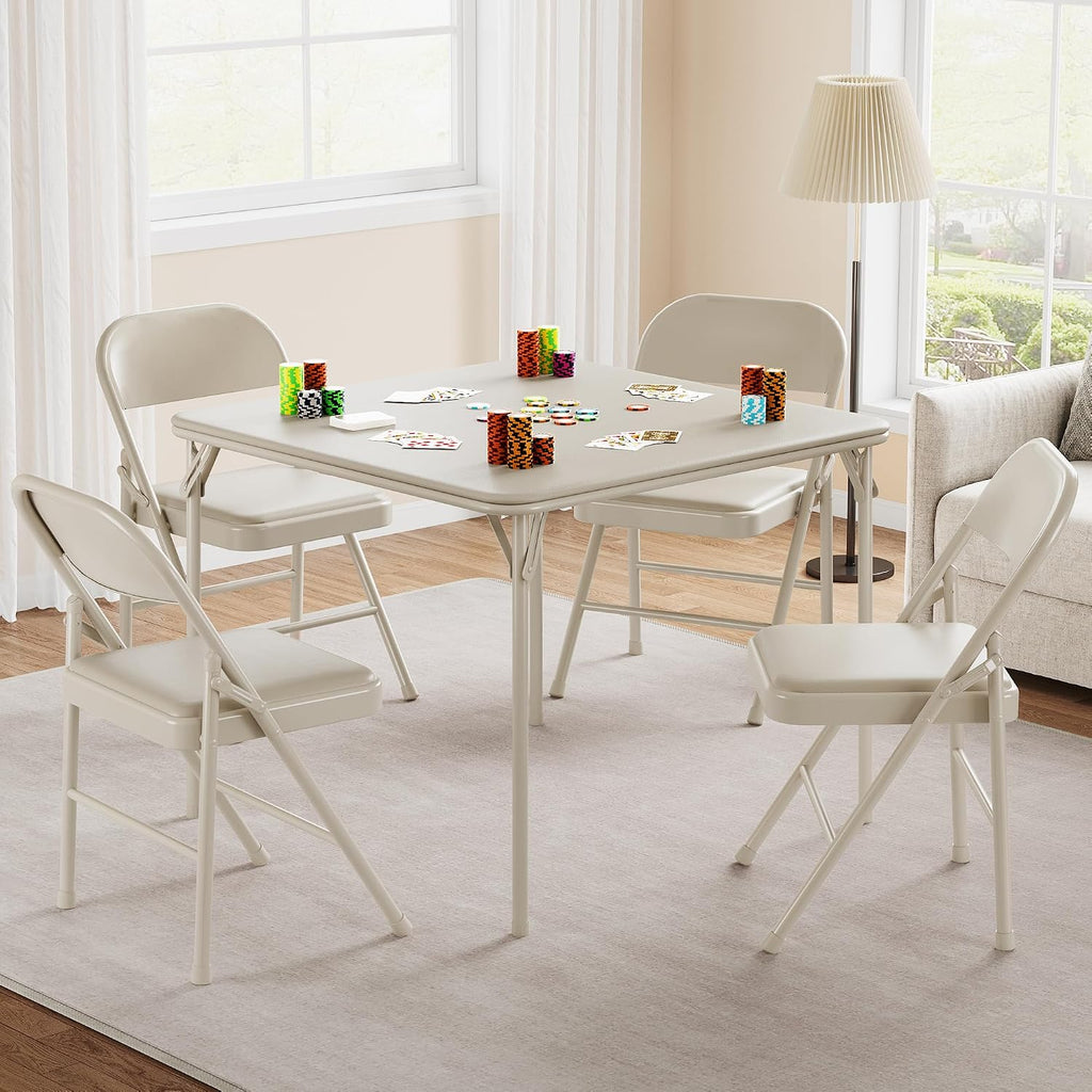33.6'' Folding Square Card Table, Portable Card Table with Folding Legs & PU Leather Surface, Lightweight Foldable Puzzle Tables for Dining Room, Living Room, Office, Camping, Beige(Table Only)