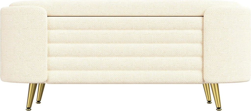 Modern Oval Chenille Storage Ottoman Bench, Beige Upholstered Cushioned Storage Bench with Sturdy Metal Legs, Large Hidden Interior Storage, Multi-Functional End of Bed Shoe Bench